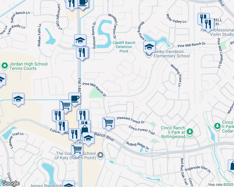 map of restaurants, bars, coffee shops, grocery stores, and more near 27115 Naples Run Lane in Katy