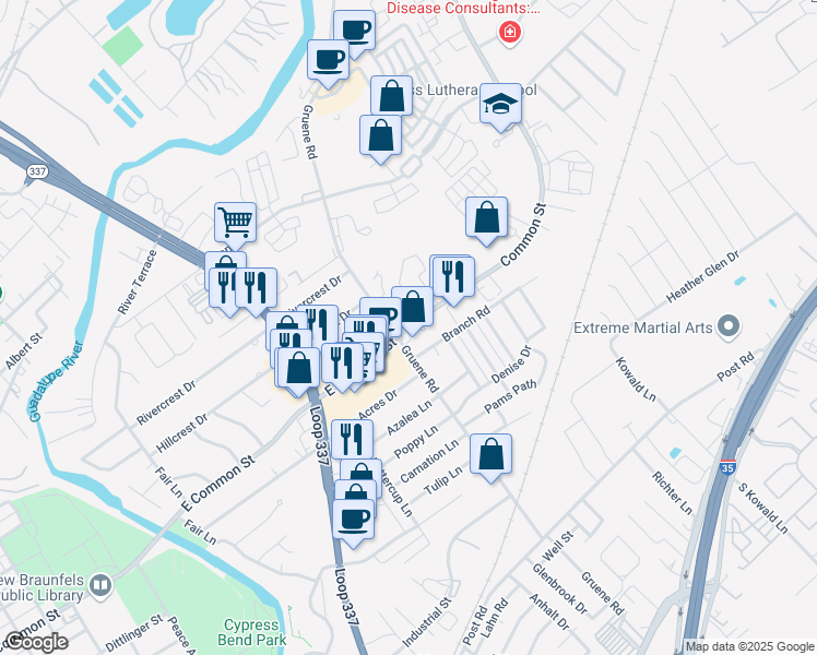 map of restaurants, bars, coffee shops, grocery stores, and more near 1511 East Common Street in New Braunfels