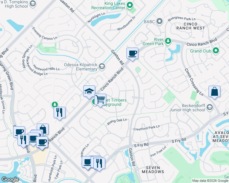 map of restaurants, bars, coffee shops, grocery stores, and more near 5027 Logans Landing Lane in Katy