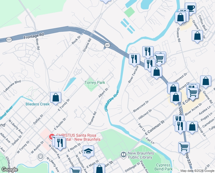 map of restaurants, bars, coffee shops, grocery stores, and more near 859 Albert Street in New Braunfels