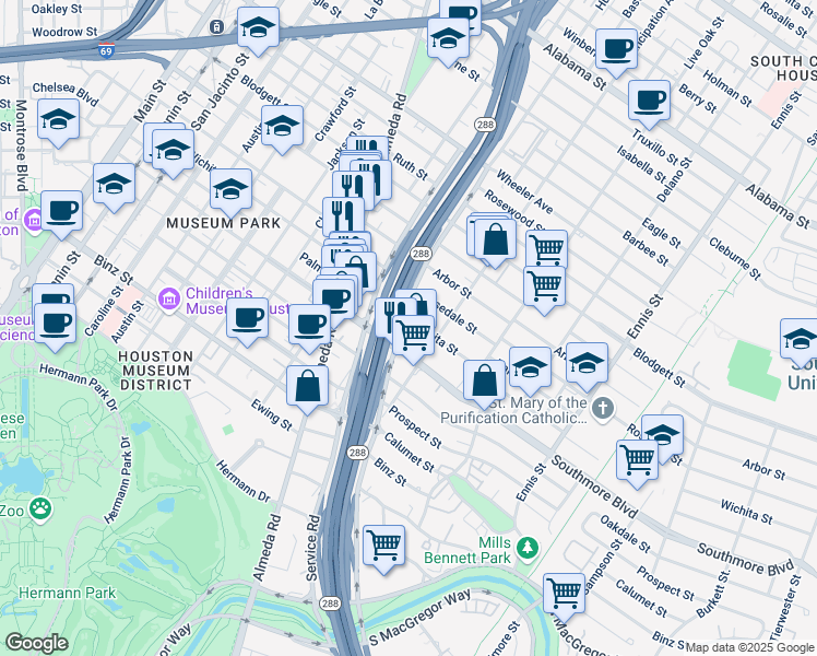 map of restaurants, bars, coffee shops, grocery stores, and more near 2222 Wichita Street in Houston