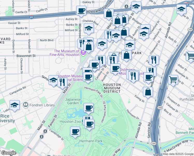 map of restaurants, bars, coffee shops, grocery stores, and more near 5801 Caroline Street in Houston