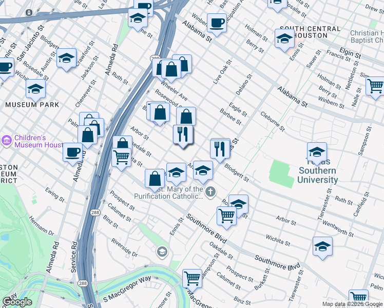 map of restaurants, bars, coffee shops, grocery stores, and more near 4804 Delano Street in Houston