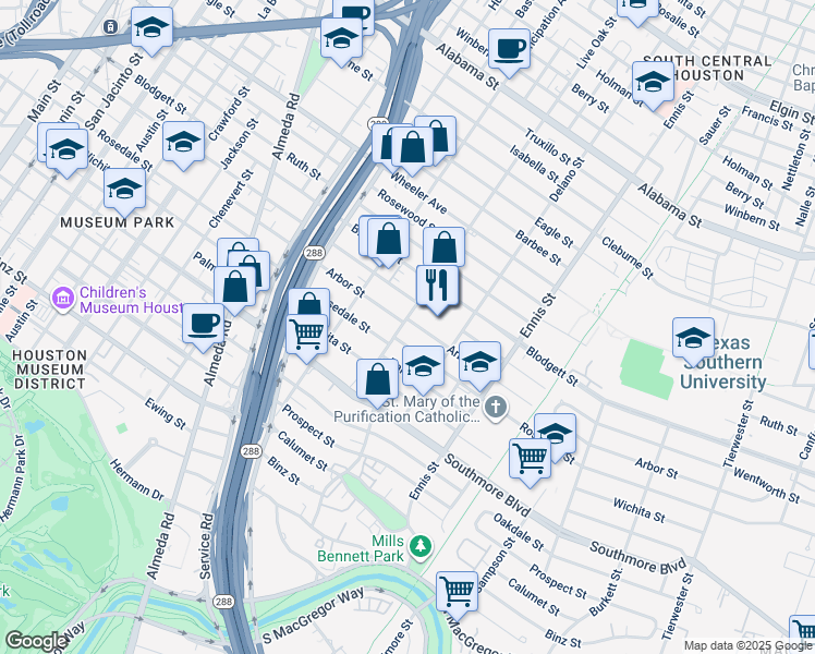 map of restaurants, bars, coffee shops, grocery stores, and more near 2604 Arbor Street in Houston