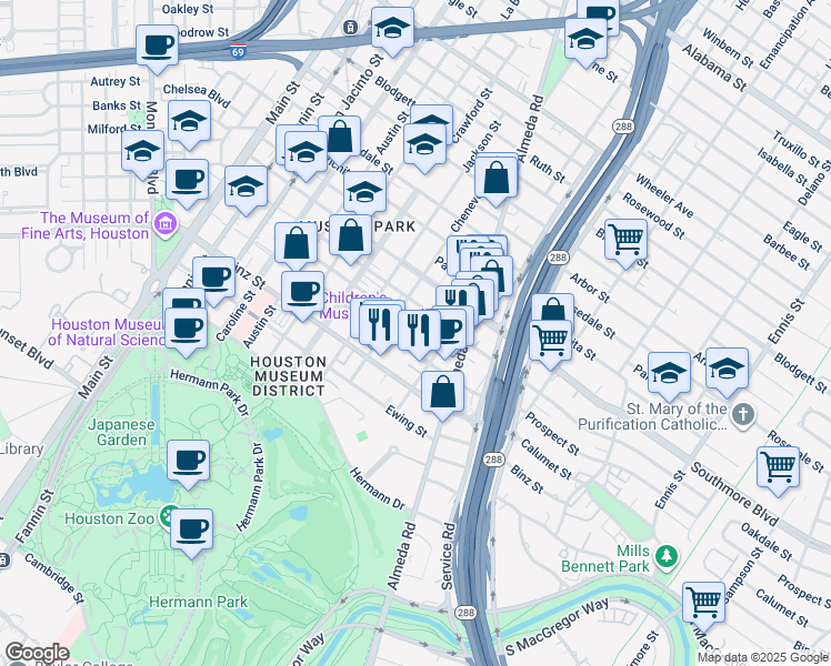 map of restaurants, bars, coffee shops, grocery stores, and more near 1916 Prospect Street in Houston