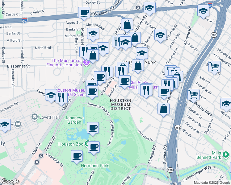 map of restaurants, bars, coffee shops, grocery stores, and more near 1433 Ewing Street in Houston