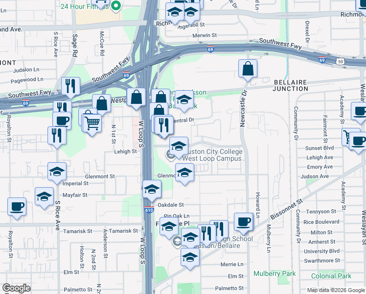 map of restaurants, bars, coffee shops, grocery stores, and more near 4807 Pin Oak Park in Houston
