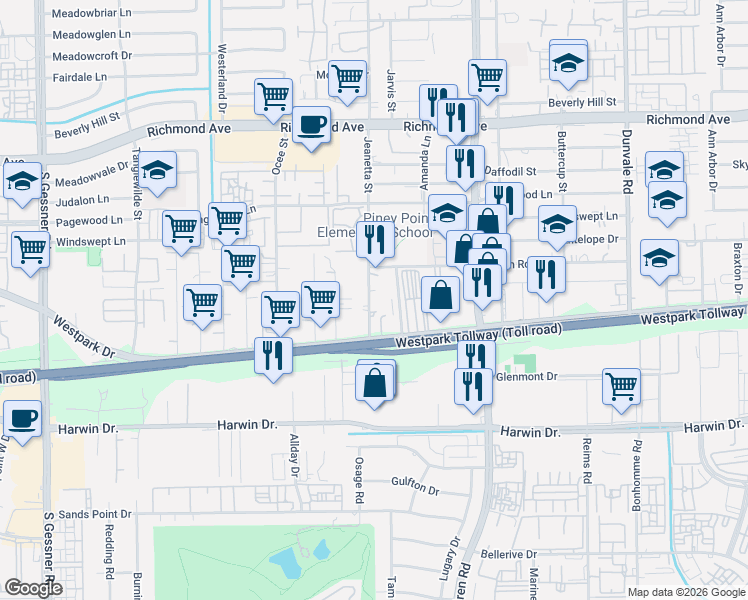 map of restaurants, bars, coffee shops, grocery stores, and more near 9102 Westpark Drive in Houston