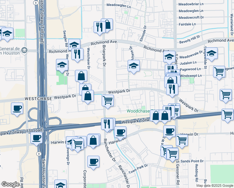 map of restaurants, bars, coffee shops, grocery stores, and more near 10156 Waterstone Drive in Houston