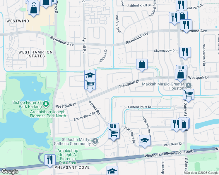 map of restaurants, bars, coffee shops, grocery stores, and more near 12928 Westpark Drive in Houston