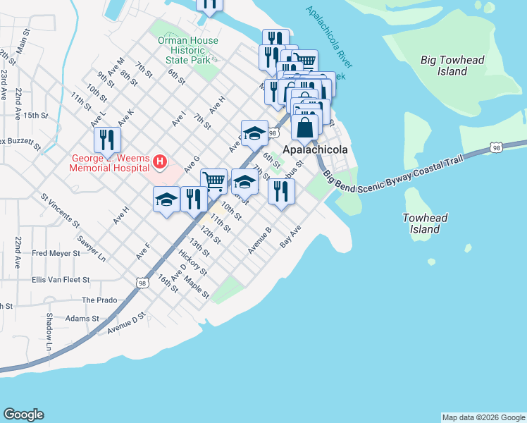 map of restaurants, bars, coffee shops, grocery stores, and more near 111 Avenue C in Apalachicola