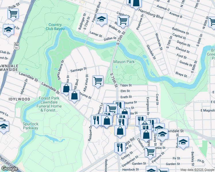 map of restaurants, bars, coffee shops, grocery stores, and more near 7406 Tipps Street in Houston
