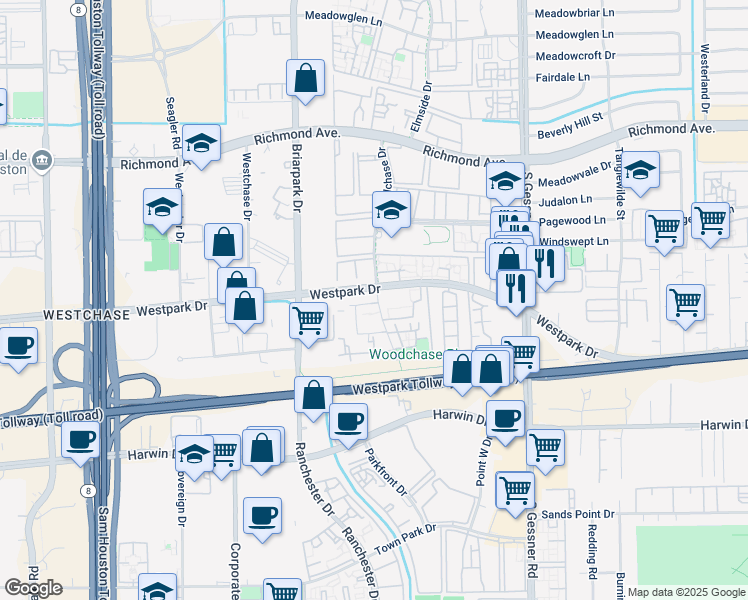 map of restaurants, bars, coffee shops, grocery stores, and more near 10102 Woodchase Drive in Houston