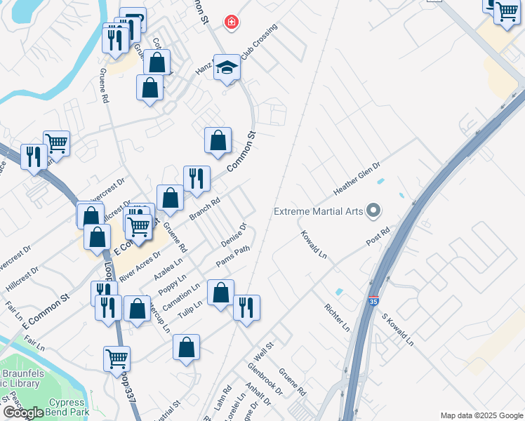 map of restaurants, bars, coffee shops, grocery stores, and more near 510 Kellys Way in New Braunfels