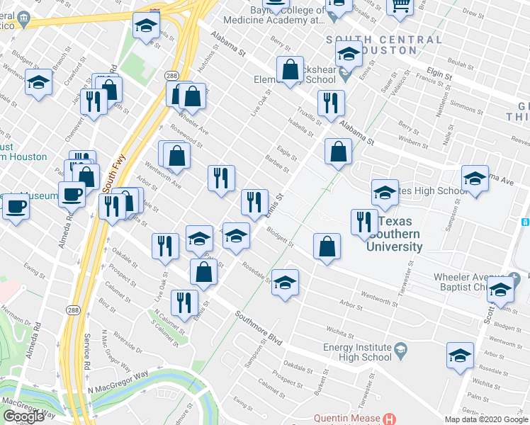 map of restaurants, bars, coffee shops, grocery stores, and more near 2918 Ruth Street in Houston