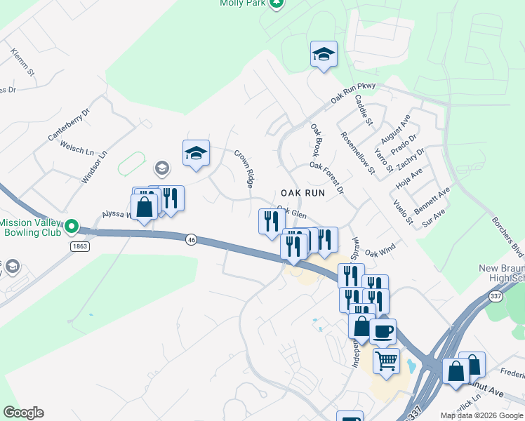 map of restaurants, bars, coffee shops, grocery stores, and more near 231 Oak Court in New Braunfels