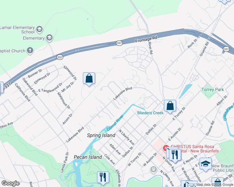 map of restaurants, bars, coffee shops, grocery stores, and more near 559 Lakeview Blvd in New Braunfels