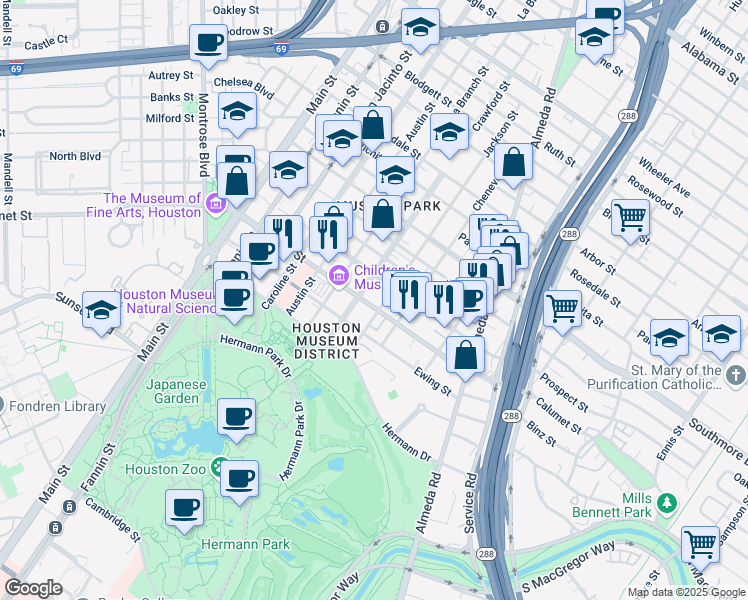 map of restaurants, bars, coffee shops, grocery stores, and more near 1615 Binz Street in Houston