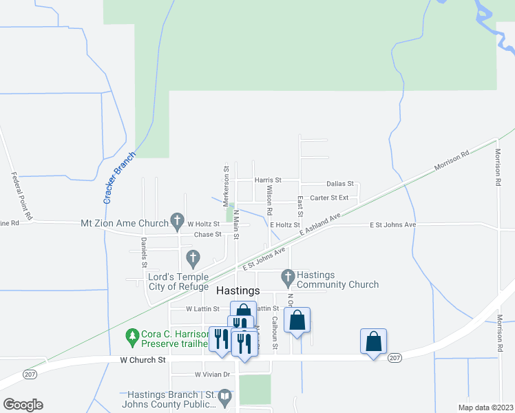 map of restaurants, bars, coffee shops, grocery stores, and more near 201 East Carter Street in Hastings