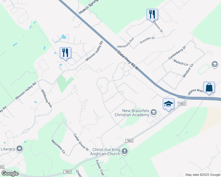 map of restaurants, bars, coffee shops, grocery stores, and more near 215 T Bar M Drive in New Braunfels