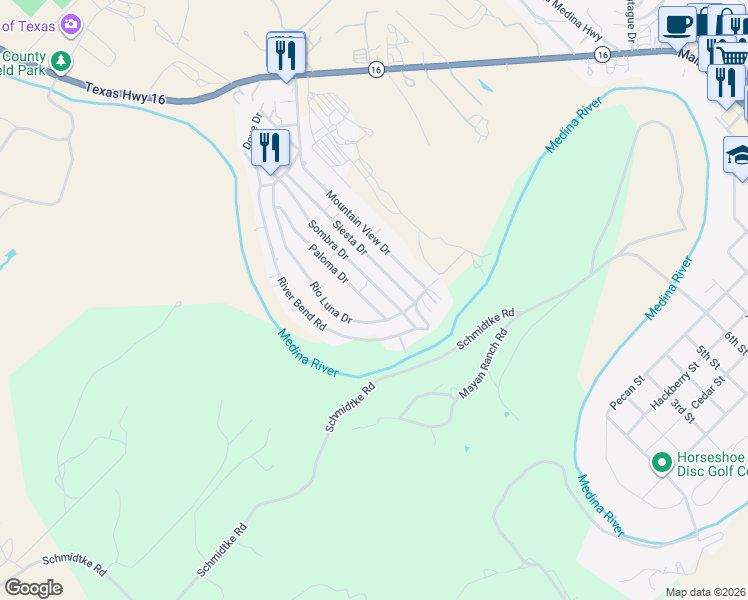 map of restaurants, bars, coffee shops, grocery stores, and more near 477 Plum Cove Road in Bandera