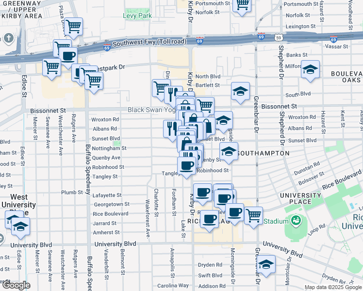 map of restaurants, bars, coffee shops, grocery stores, and more near 2620 Nottingham Street in Houston