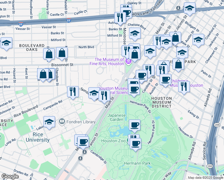 map of restaurants, bars, coffee shops, grocery stores, and more near 2 Longfellow Lane in Houston