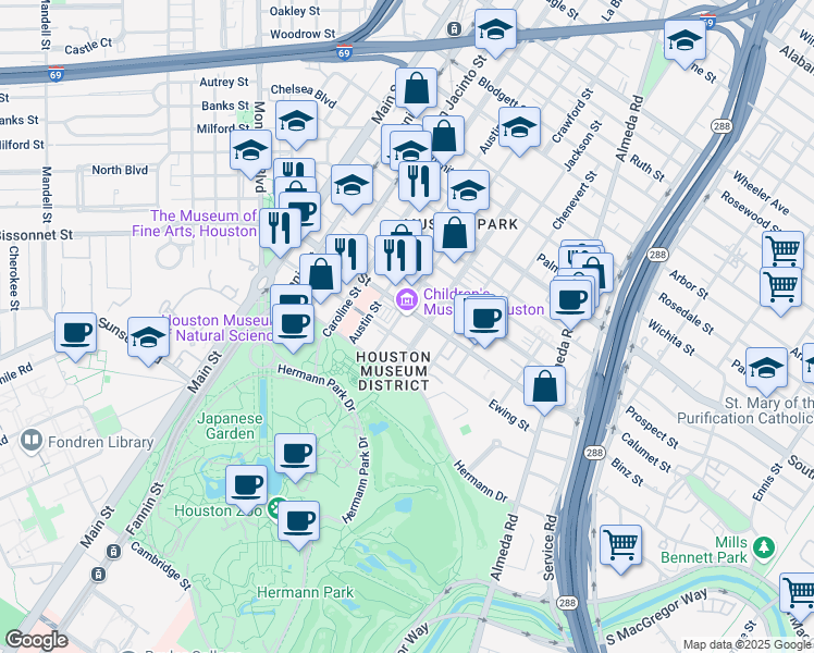 map of restaurants, bars, coffee shops, grocery stores, and more near 1500 Binz Street in Houston