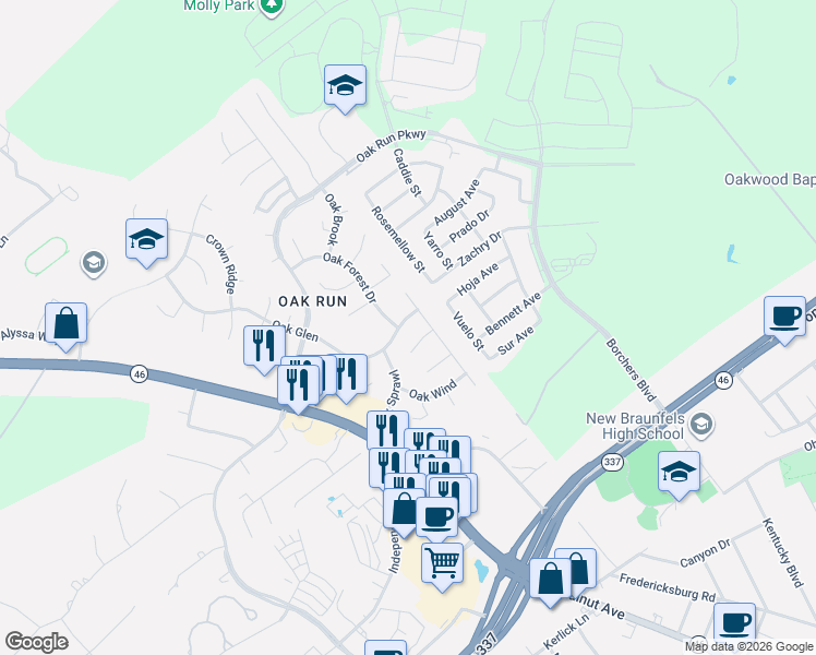 map of restaurants, bars, coffee shops, grocery stores, and more near 1735 Oak Glen in New Braunfels