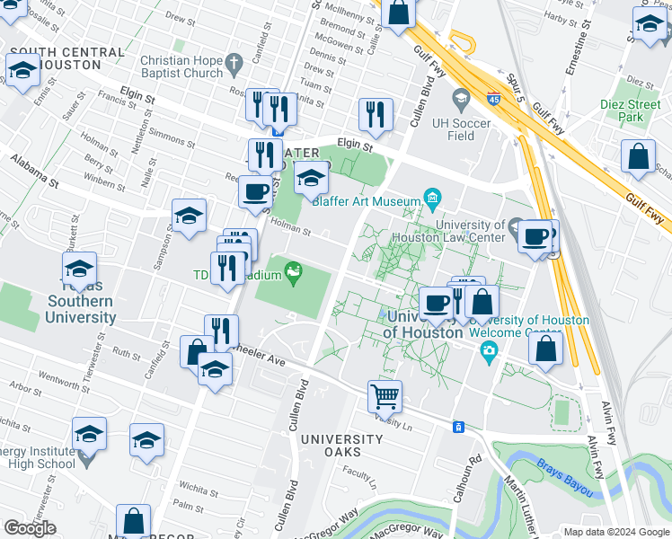 map of restaurants, bars, coffee shops, grocery stores, and more near 3686 Cullen Boulevard in Houston