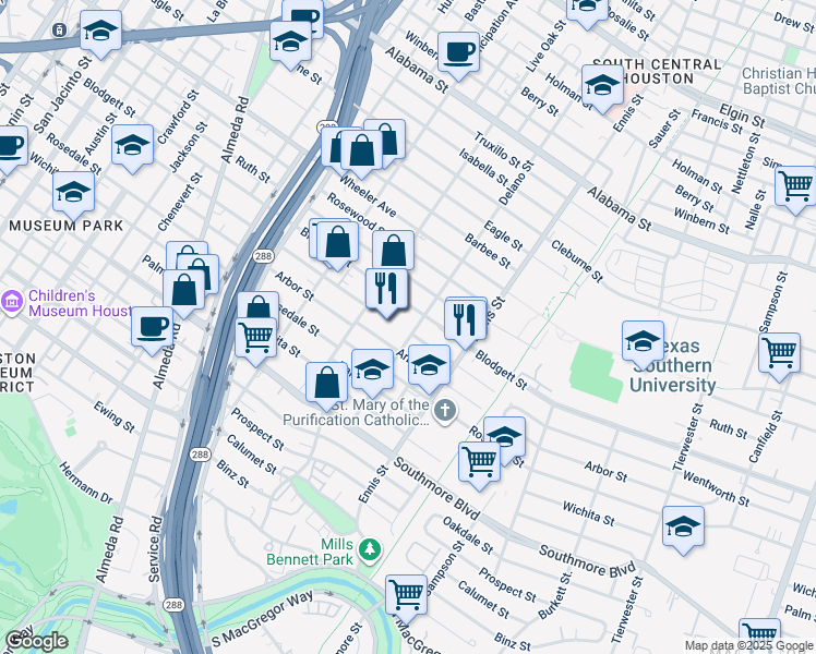 map of restaurants, bars, coffee shops, grocery stores, and more near 4804 Delano Street in Houston