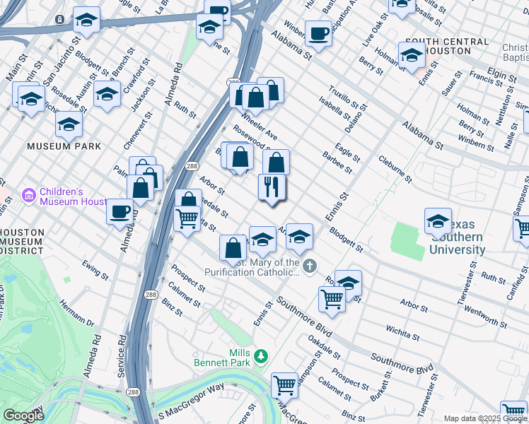map of restaurants, bars, coffee shops, grocery stores, and more near 2604 Arbor Street in Houston