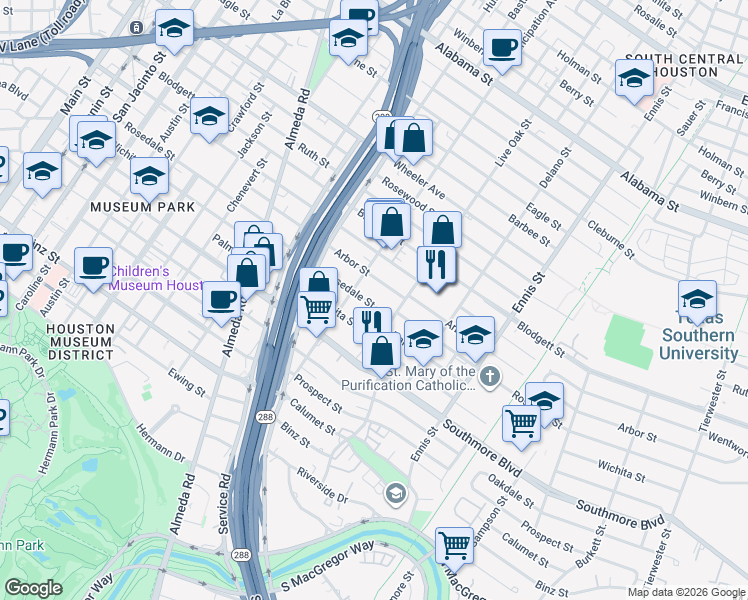 map of restaurants, bars, coffee shops, grocery stores, and more near 2505 Rosedale Street in Houston
