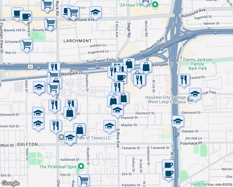 map of restaurants, bars, coffee shops, grocery stores, and more near 5510 South Rice Avenue in Houston