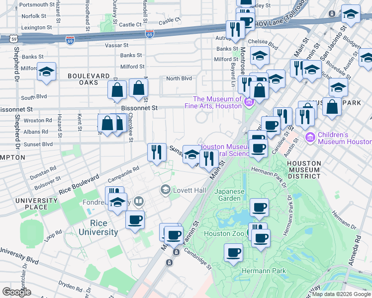 map of restaurants, bars, coffee shops, grocery stores, and more near 14 Remington Lane in Houston