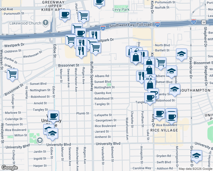 map of restaurants, bars, coffee shops, grocery stores, and more near 3018 Nottingham Street in Houston