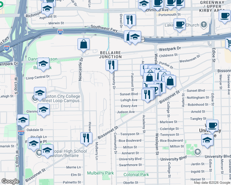 map of restaurants, bars, coffee shops, grocery stores, and more near 4248 Sunset Boulevard in Houston