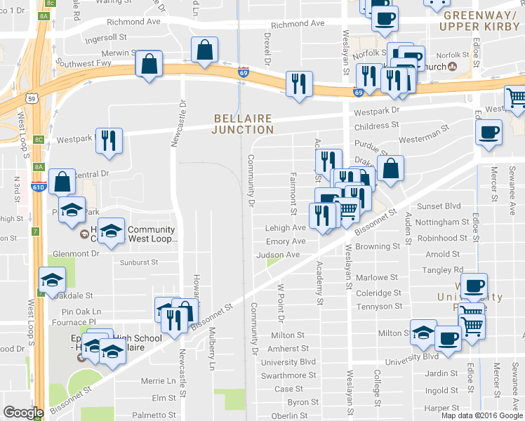 map of restaurants, bars, coffee shops, grocery stores, and more near 4248 Sunset Boulevard in Houston
