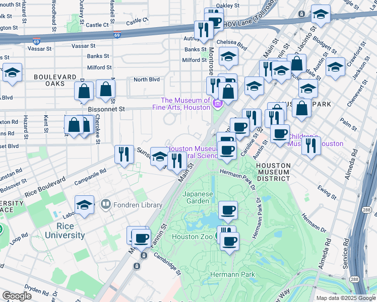 map of restaurants, bars, coffee shops, grocery stores, and more near 2 Longfellow Lane in Houston