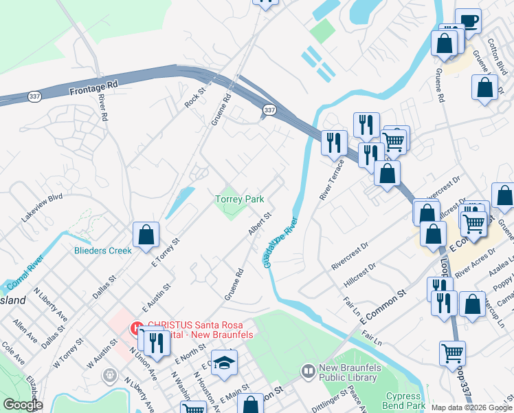 map of restaurants, bars, coffee shops, grocery stores, and more near 859 Albert Street in New Braunfels