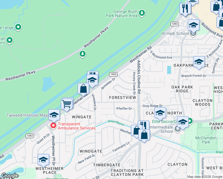 map of restaurants, bars, coffee shops, grocery stores, and more near 15823 Thistledew Drive in Houston