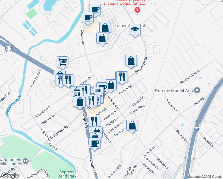 map of restaurants, bars, coffee shops, grocery stores, and more near 1511 East Common Street in New Braunfels