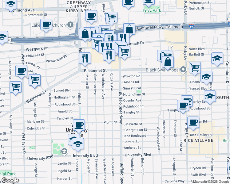 map of restaurants, bars, coffee shops, grocery stores, and more near 3215 Sunset Boulevard in Houston