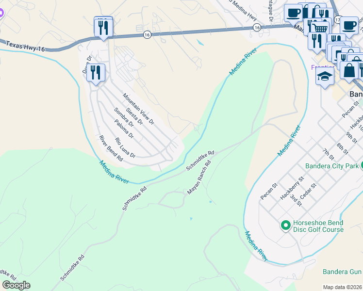 map of restaurants, bars, coffee shops, grocery stores, and more near 754 Rio Luna Drive in Bandera