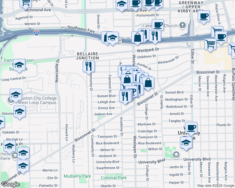 map of restaurants, bars, coffee shops, grocery stores, and more near 4112 Sunset Boulevard in Houston