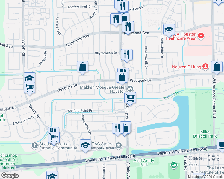 map of restaurants, bars, coffee shops, grocery stores, and more near 3519 Ashton Park Dr in Houston