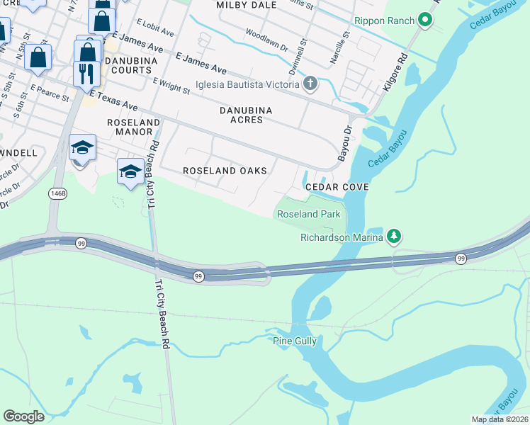 map of restaurants, bars, coffee shops, grocery stores, and more near 301 Roseland Drive in Baytown