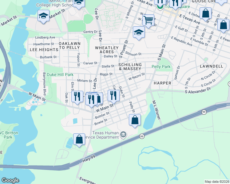 map of restaurants, bars, coffee shops, grocery stores, and more near 611 West Cleveland Street in Baytown