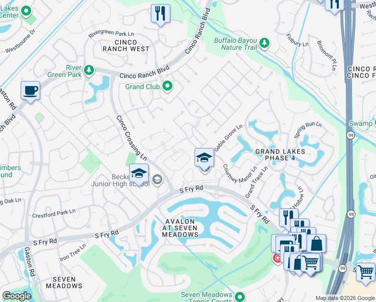 map of restaurants, bars, coffee shops, grocery stores, and more near 25207 Bentley Glen Lane in Katy