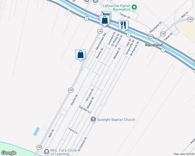 map of restaurants, bars, coffee shops, grocery stores, and more near 204-272 Market Street in Raceland